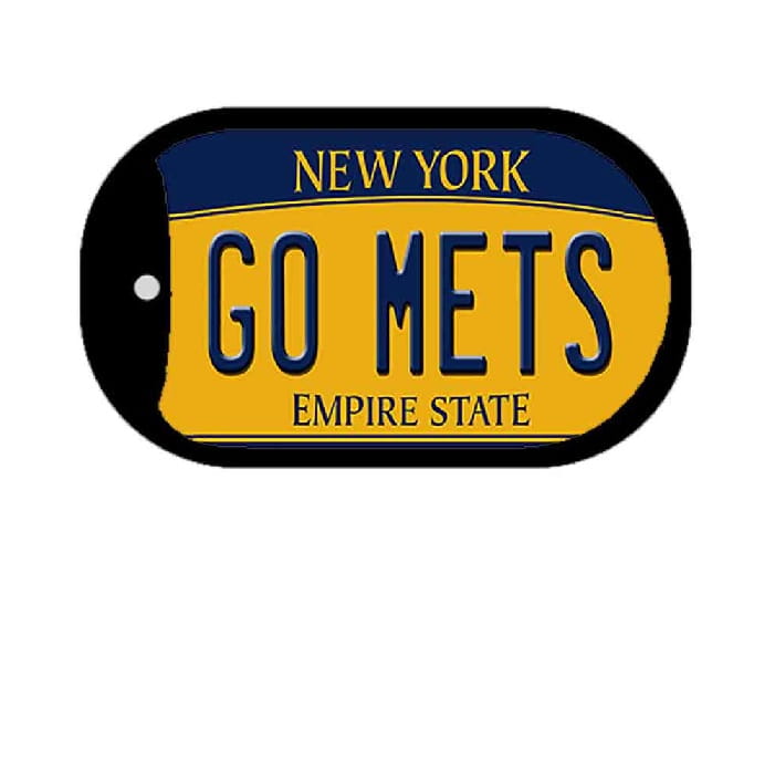 Dog tag with 'New York Go Mets Empire State' text on a blue and yellow background