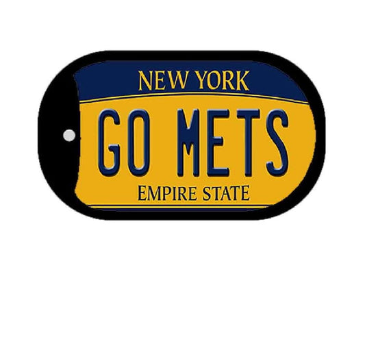 Dog tag with 'New York Go Mets Empire State' text on a blue and yellow background