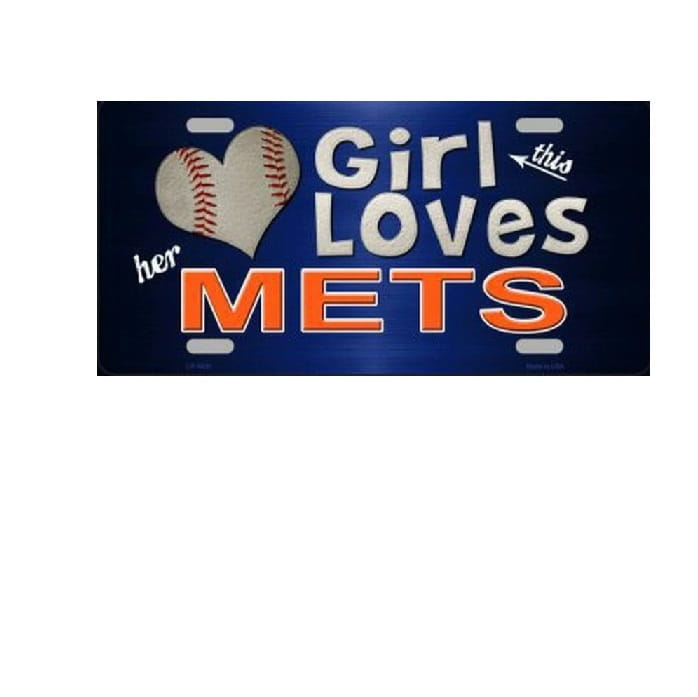 License plate with 'Girl Loves her Mets' text and baseball design on a blue background