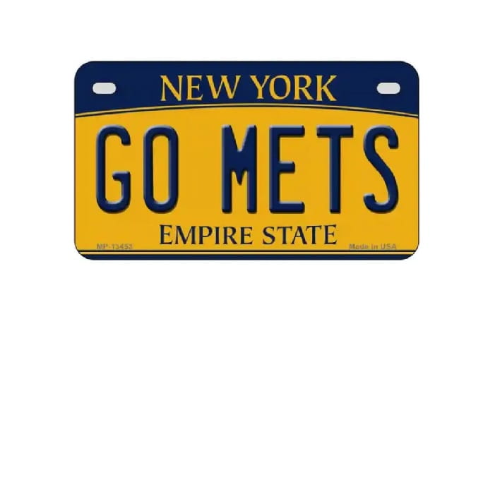 Yellow and blue license plate with 'GO METS' text on a white background