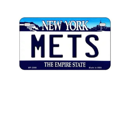 New York Mets license plate with skyline design on a white background