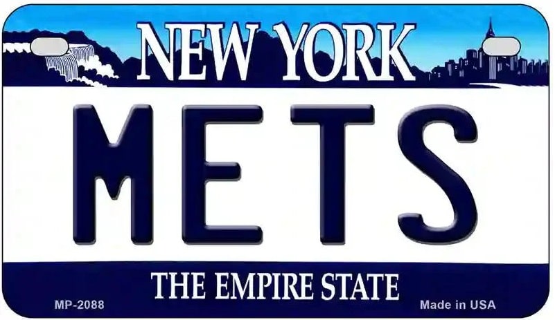 New York Mets license plate with cityscape background