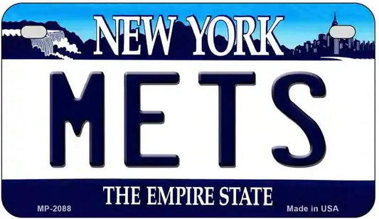 New York Mets license plate with cityscape background