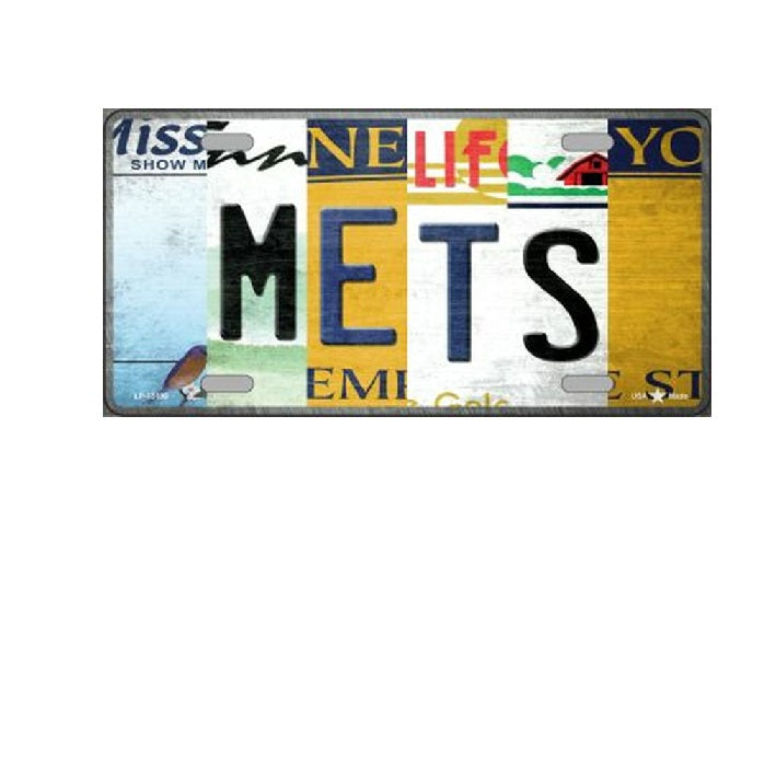 Decorative license plate with 'METS' text and various state names on a white background