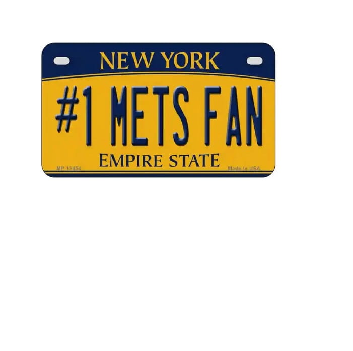 License plate with '#1 Mets Fan' text on an orange background