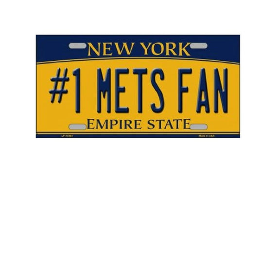 License plate with '#1 Mets Fan' text on an orange background
