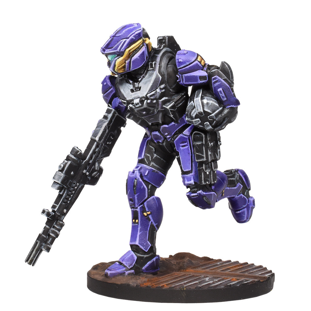 Mechanical figure with purple and black armor holding a weapon on a white background