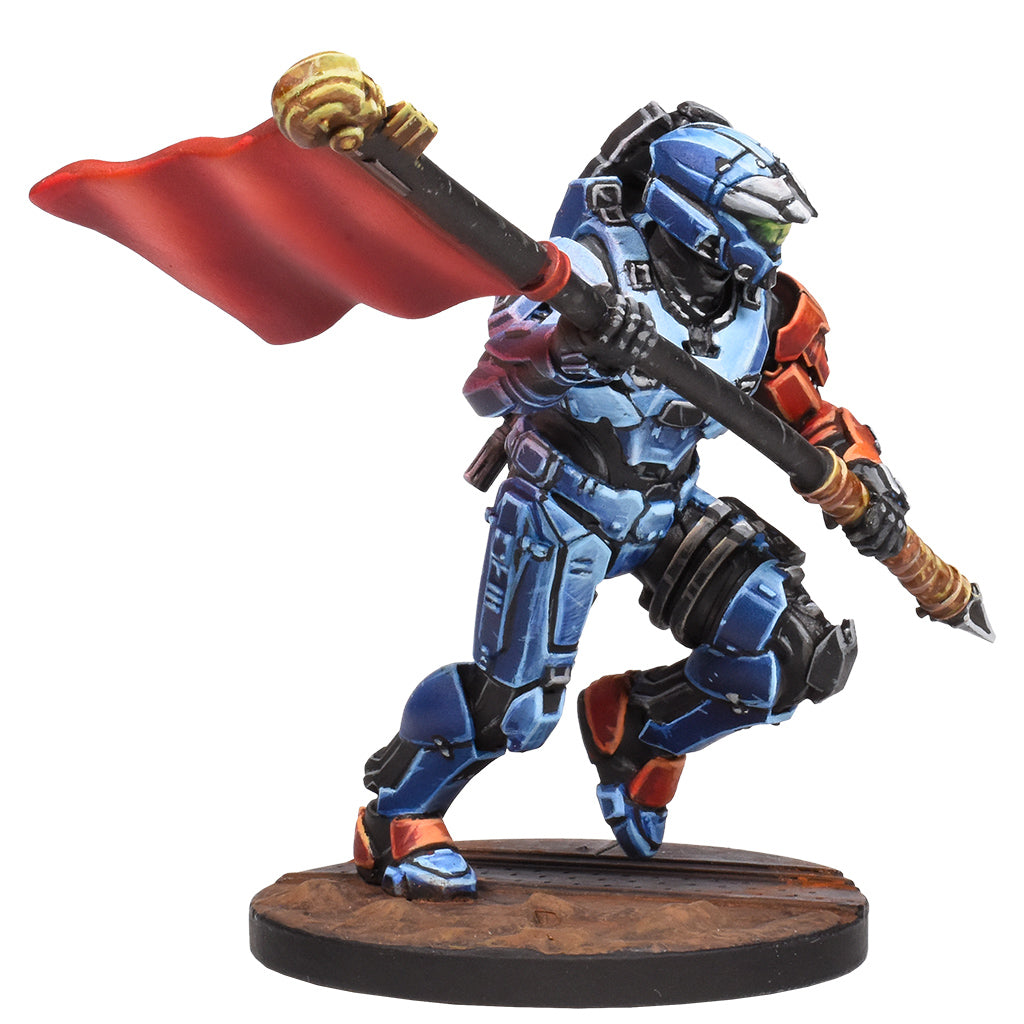 Colorful figurine with armor and a red flag on a white background