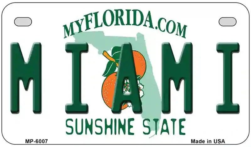 Motorcycle License plate with 'Miami' and 'Sunshine State' text, featuring oranges and a map of Florida. 
