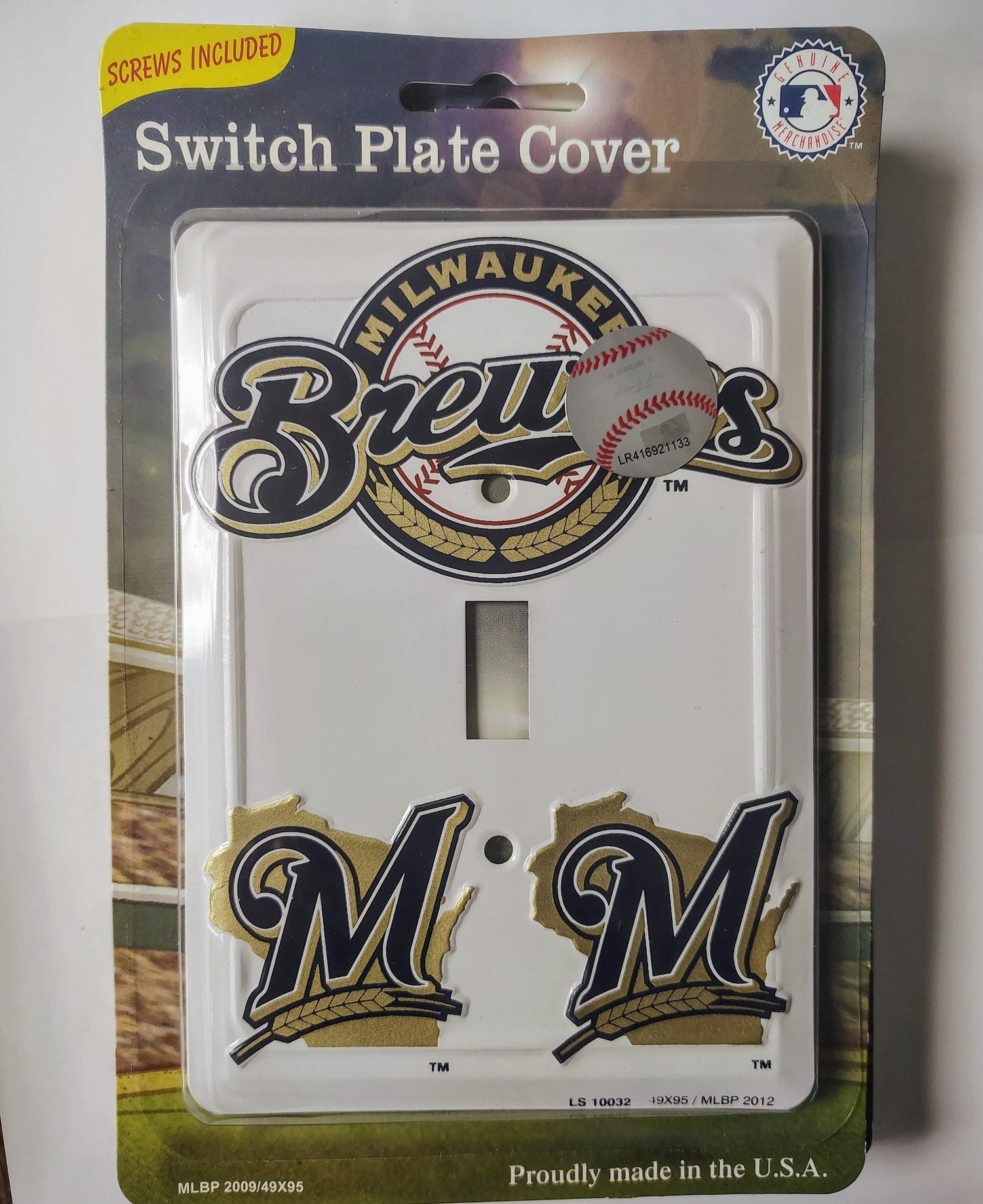 Switch plate cover with Milwaukee Brewers logo on a packaging background
