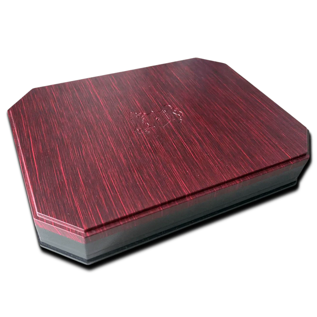 Red and black rectangular box with a brand logo on a white background