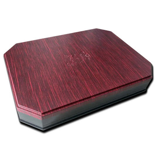 Red and black rectangular box with a brand logo on a white background