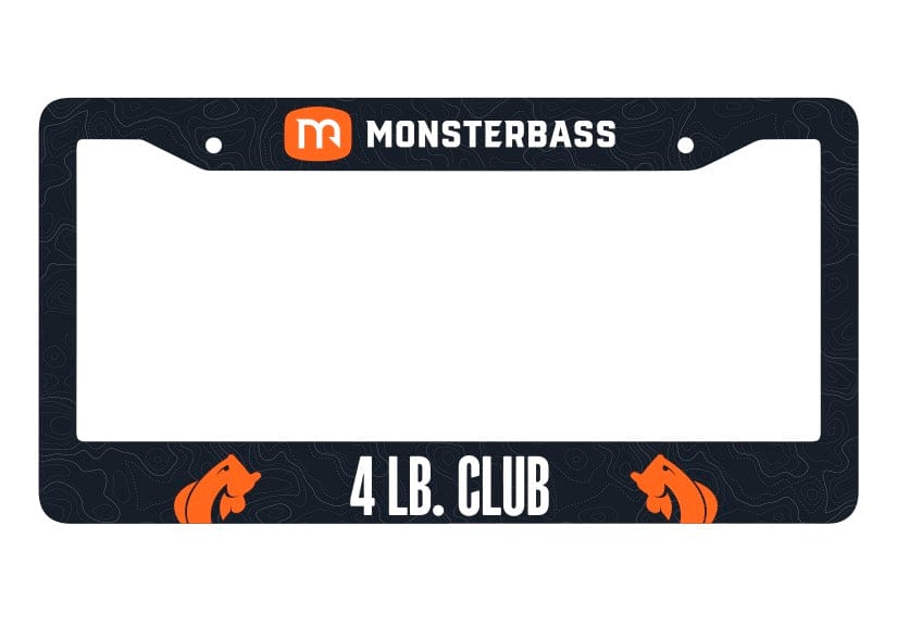 Black license plate frame with Monsterbass branding and '4 L.B. Club' text on a white background