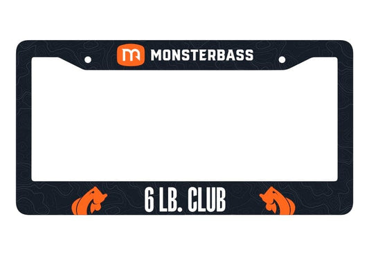 Black license plate frame with Monsterbass branding and '6 LB. CLUB' text on a white background
