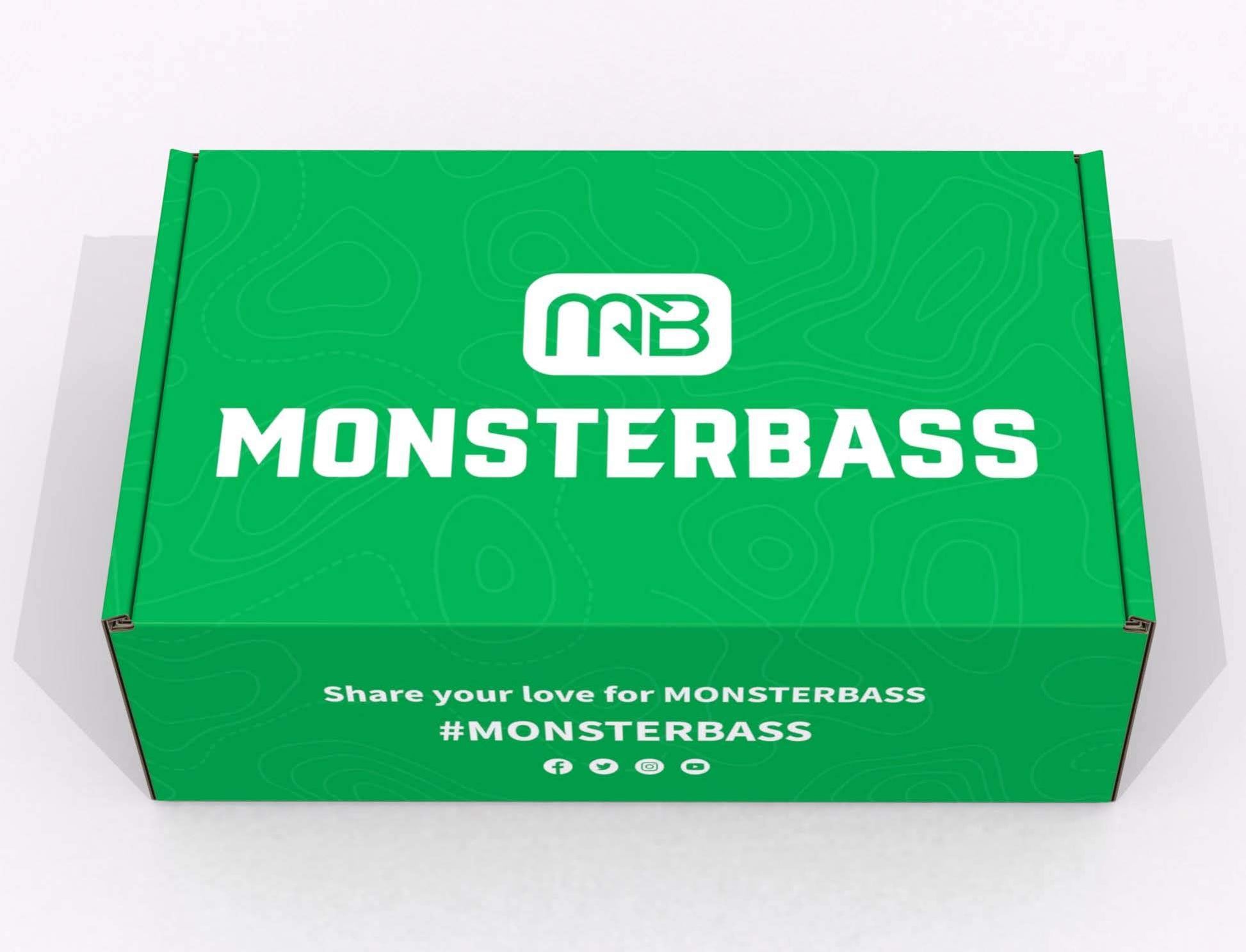 Starter Fishing Kit for Kids. Green box with 'Monsterbass' branding on a white background
