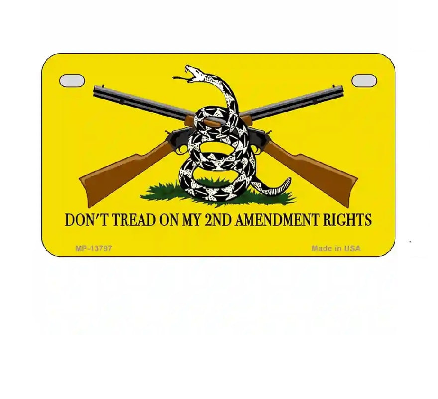 Yellow license plate with crossed rifles and a snake, featuring text 'Don't Tread on My 2nd Amendment Rights'.