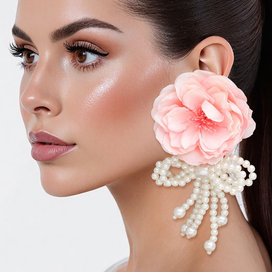 Dangle Pink Petal Flower Pearl Bow Long Earrings