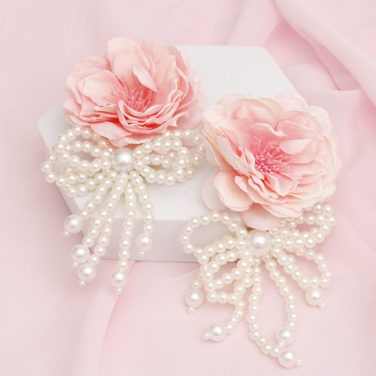 Dangle Pink Petal Flower Pearl Bow Long Earrings