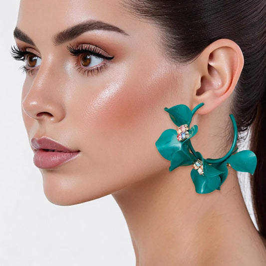Hoops Green 3D Flower Tropical Elegance Earrings