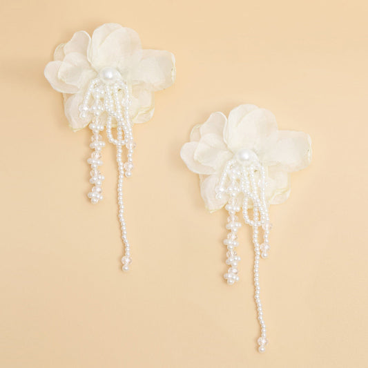 Drop Cream Fabric Flower Pearl Earrings for Women