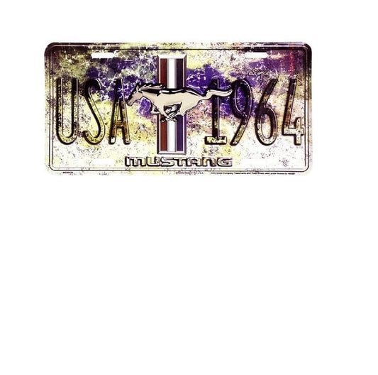 License plate with 'USA 1964 Mustang' text and logo on a white background