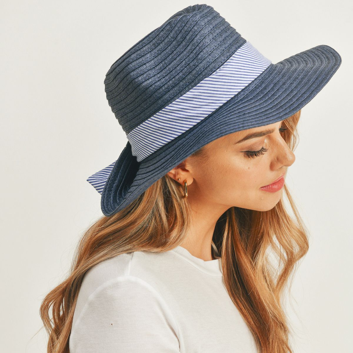 Navy Striped Bow Fedora Hat