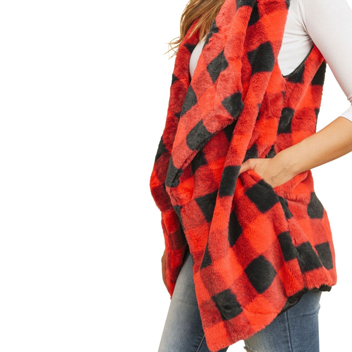 Red Buffalo Plaid Faux Fur Vest