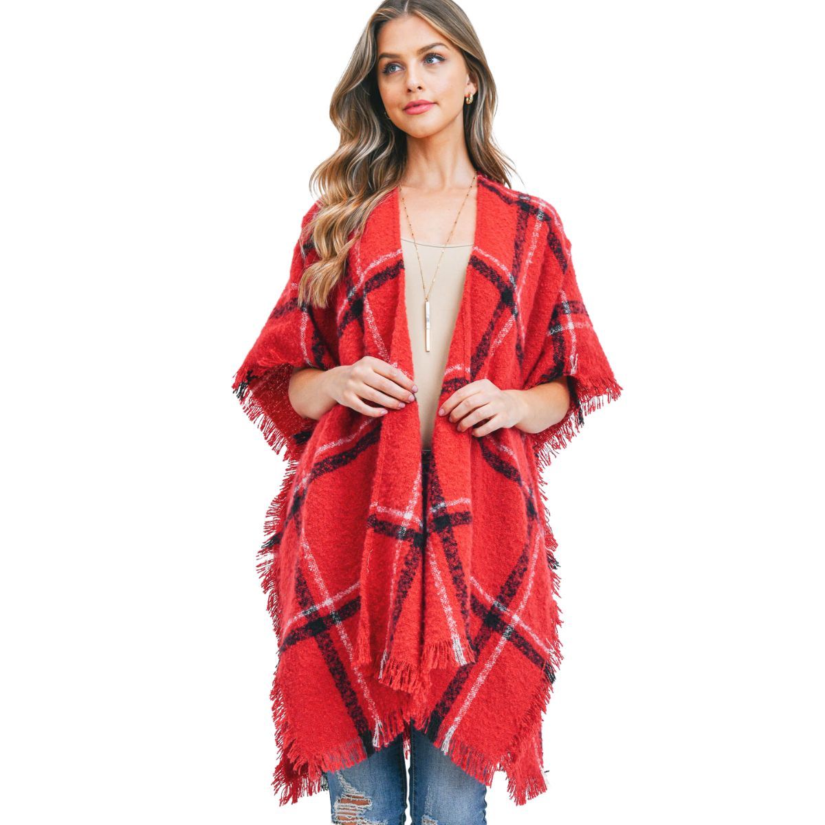 Red Plaid Fringe Kimono