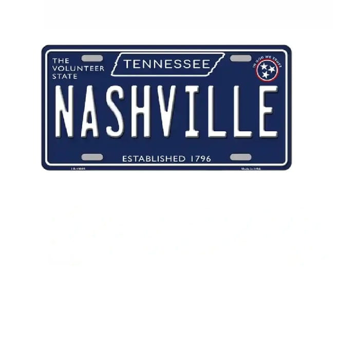Nashville license plate with Tennessee state text on a white background