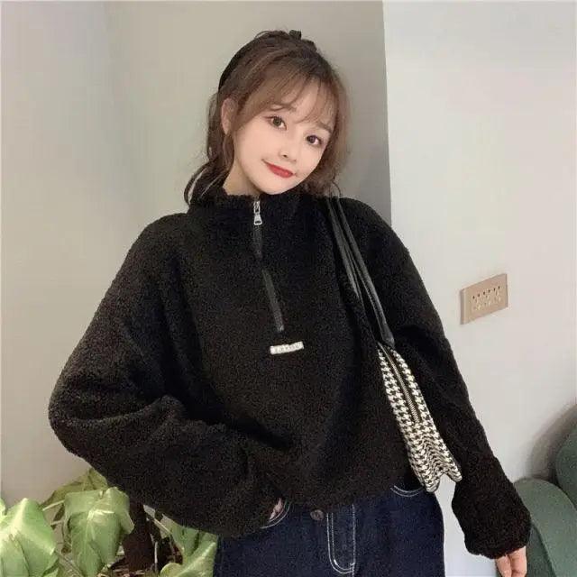 New Autumn Winter Hoodies Women New Imitation Lamb Short Plus Thick Sweatshirt Female Loose Student Jacket Tops Sweatshirt For Men And Women Fleece Sweatshirt Warm Winter Sweatshirt