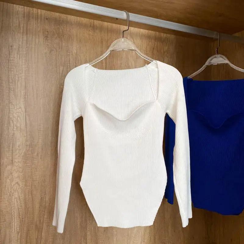 New Casual And Trendy Square Collar Long Sleeve Woman's Sweaters Knitted Pullover Spring Autumn Sweater Winter Tops For Women Black And White Jumper