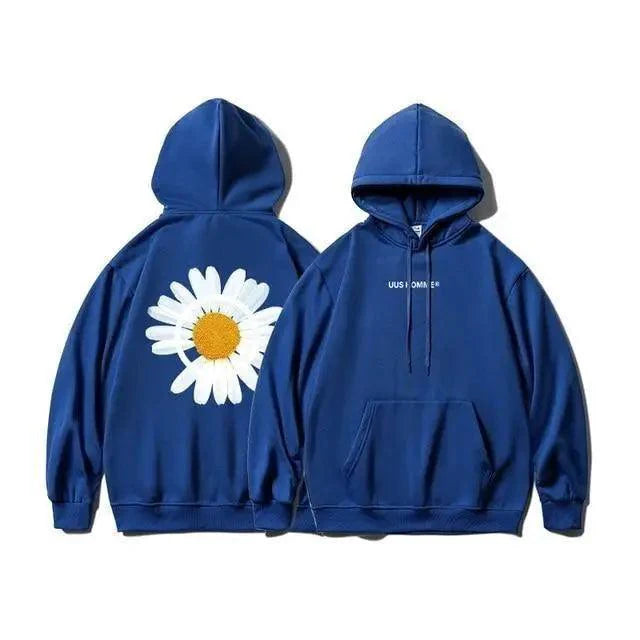 New Winter Loose Hooded Sweatshirts Men Thicken Warm Coat Hoodies Male Oversize Pullovers Sweatshirt Women Sunflower Printed Long Sleeve Pullover Sweatshirts Loose Drawstring Hoodie