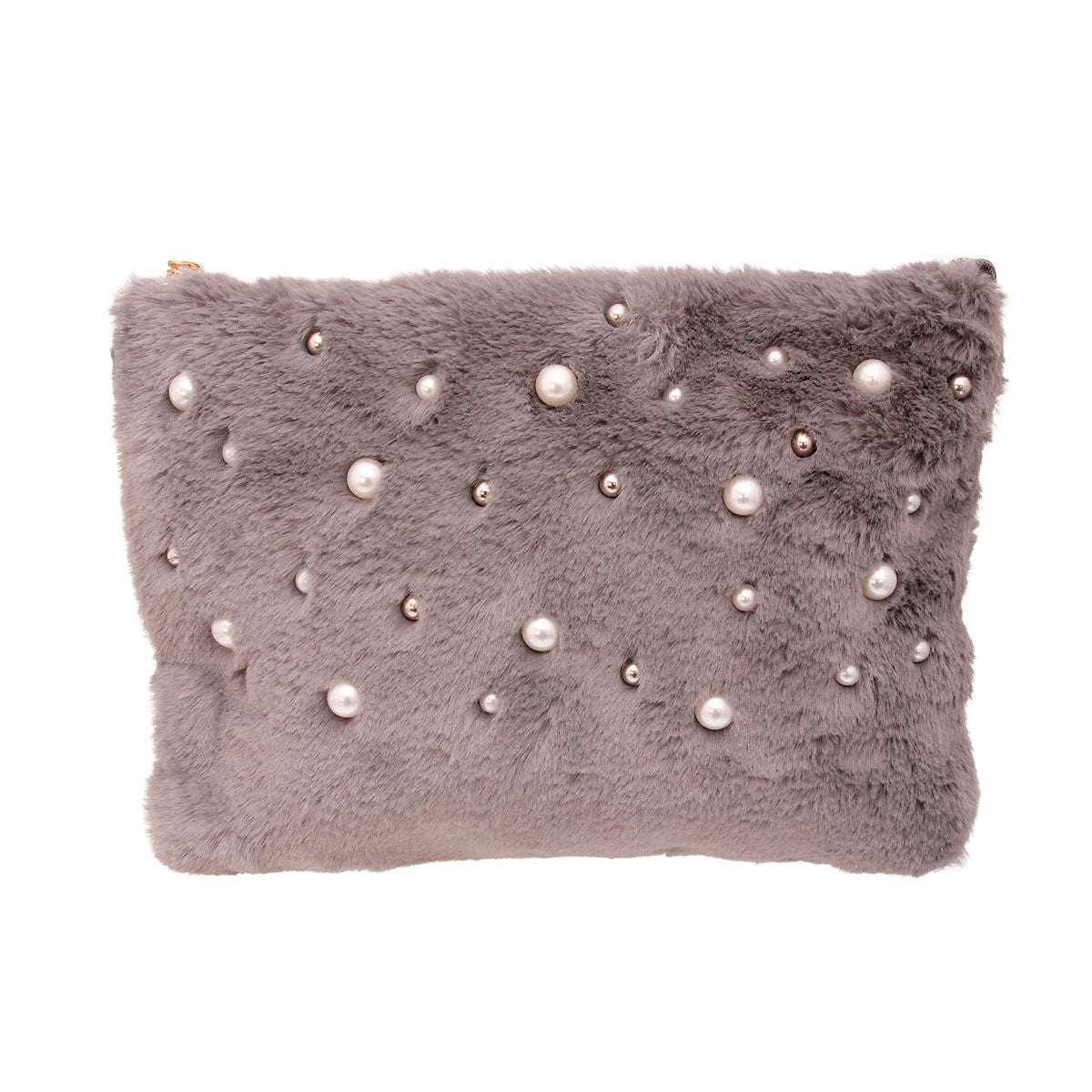 Gray Fur Pearl Stud Clutch