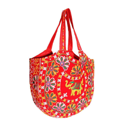 Red Embroidered Elephant Tote