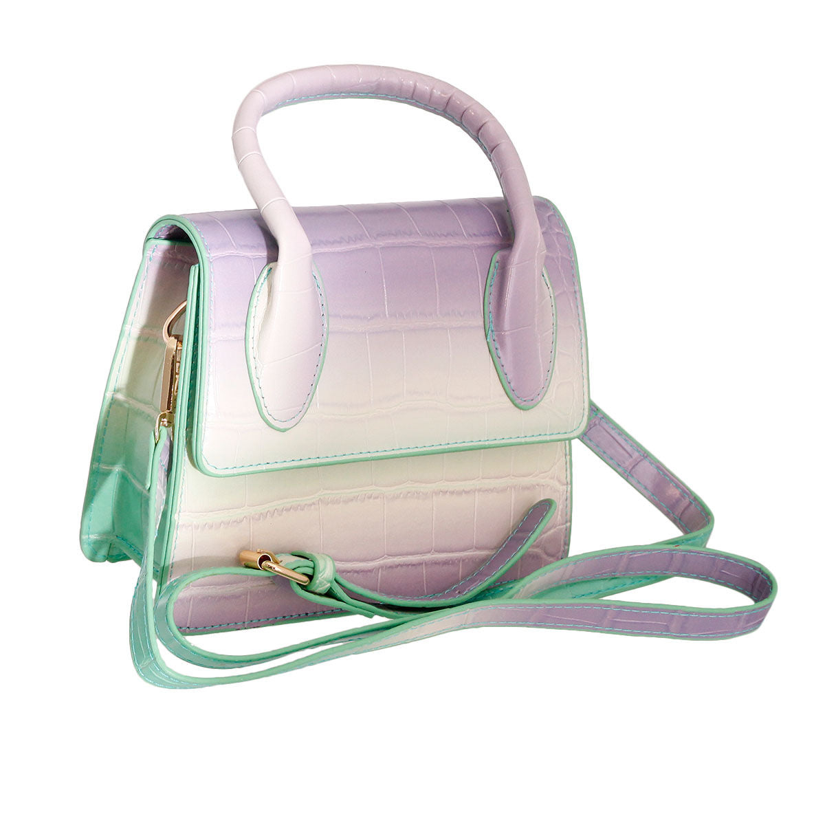 Purple and Green Croc Flap Satchel Handbag