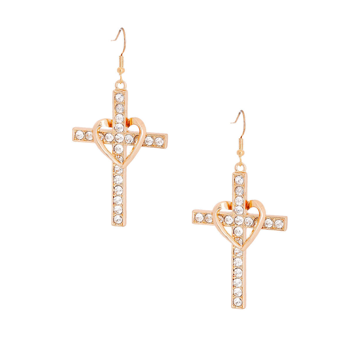 Gold Heart Cross Fish Hook Earrings