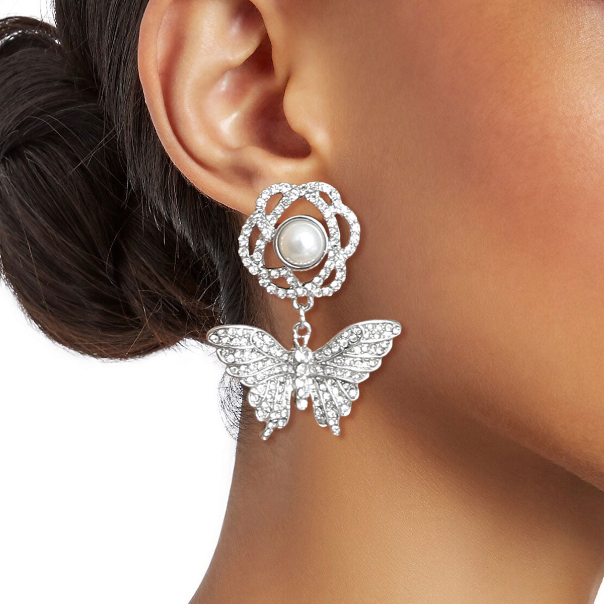 Silver Rose Butterfly Rhinestone Earrings