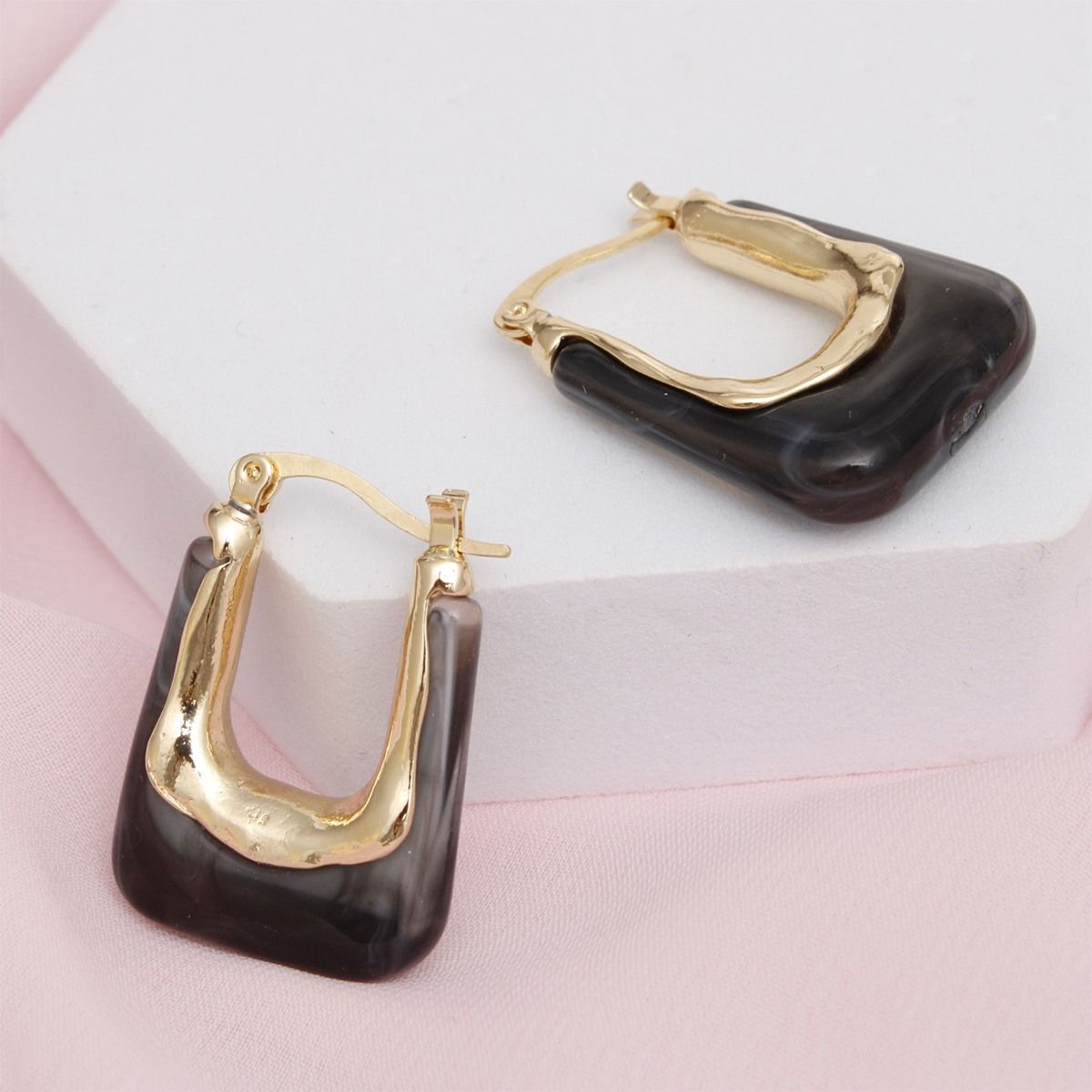 Hoops Marbled Black U Shaped Earrings for Women