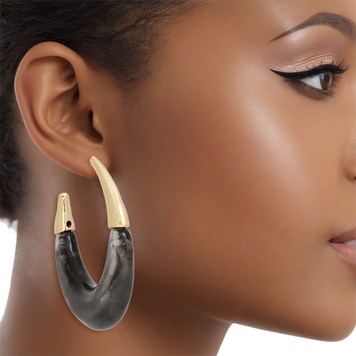 Hoops Marbled Black Gold Tipped C Shaped Earrings