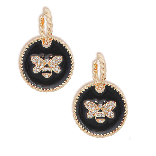 Black Bee Charm Twisted Gold Hoops