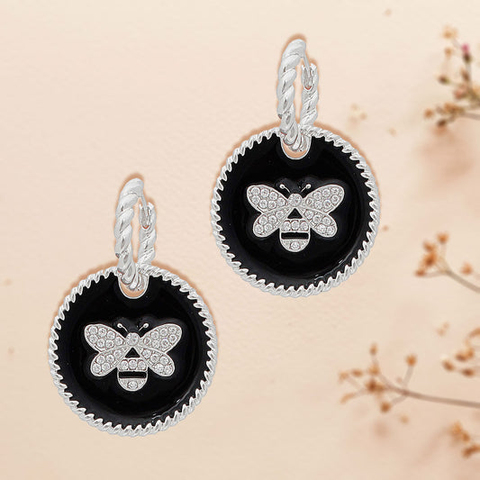 Black Bee Charm Twisted Silver Hoops