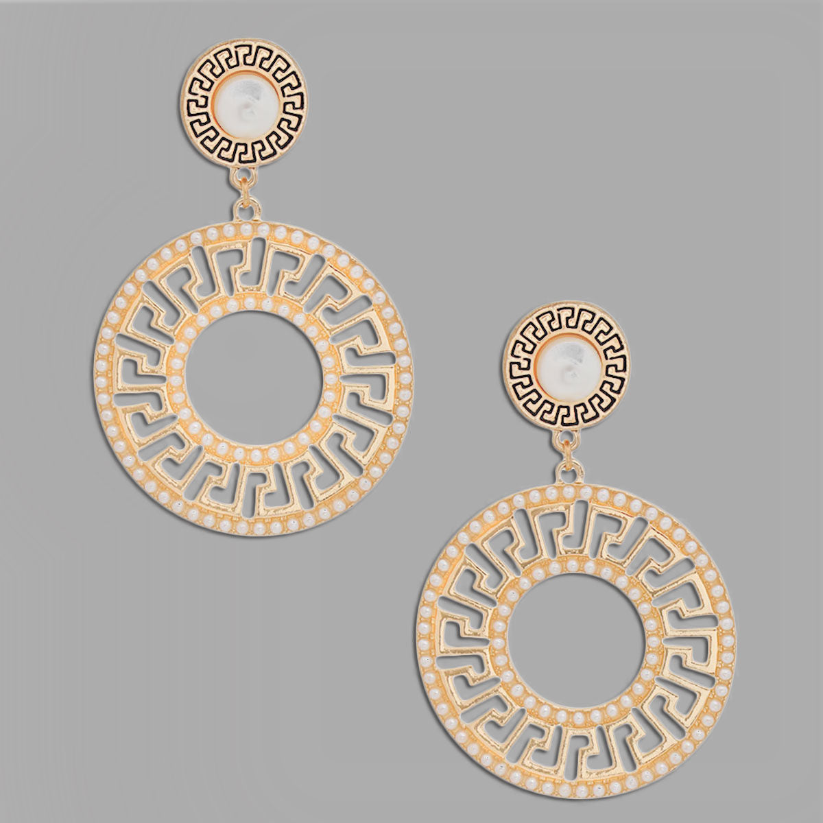 Elegance Redefined: Gold Pearl Greek Key Earrings