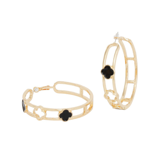 Hoops Gold Black Clover Wide Earrings for Women