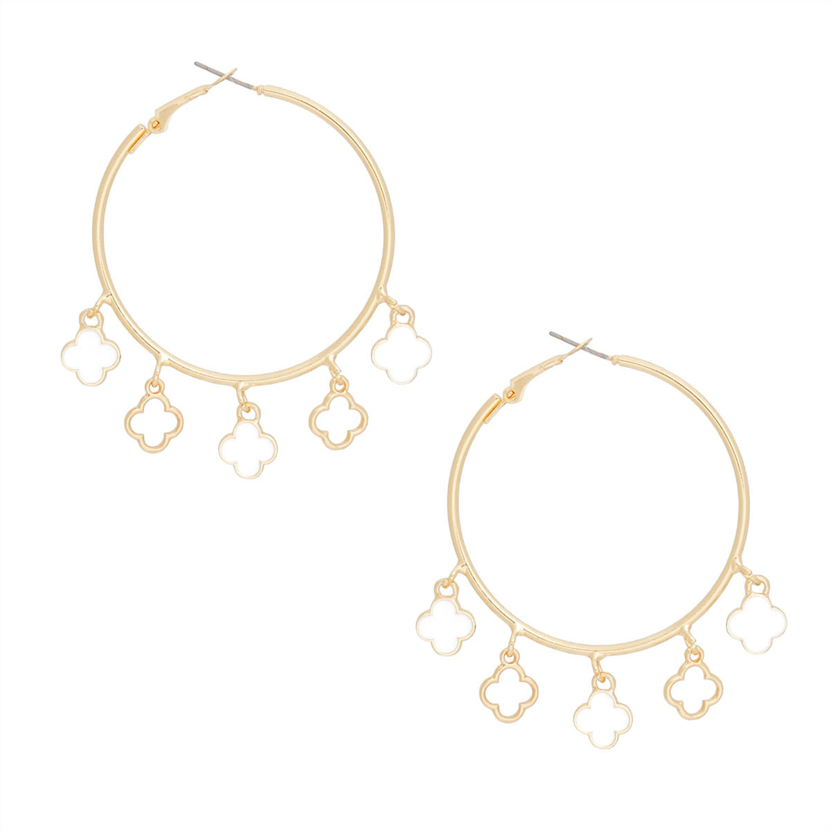 Hoops Gold White Clover Dangle Charms Earrings