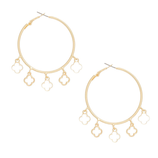 Hoops Gold White Clover Dangle Charms Earrings