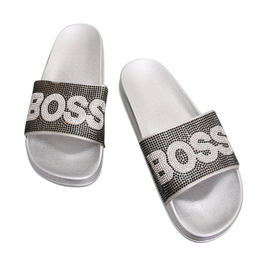 Size 10 Black BOSS Silver Slides