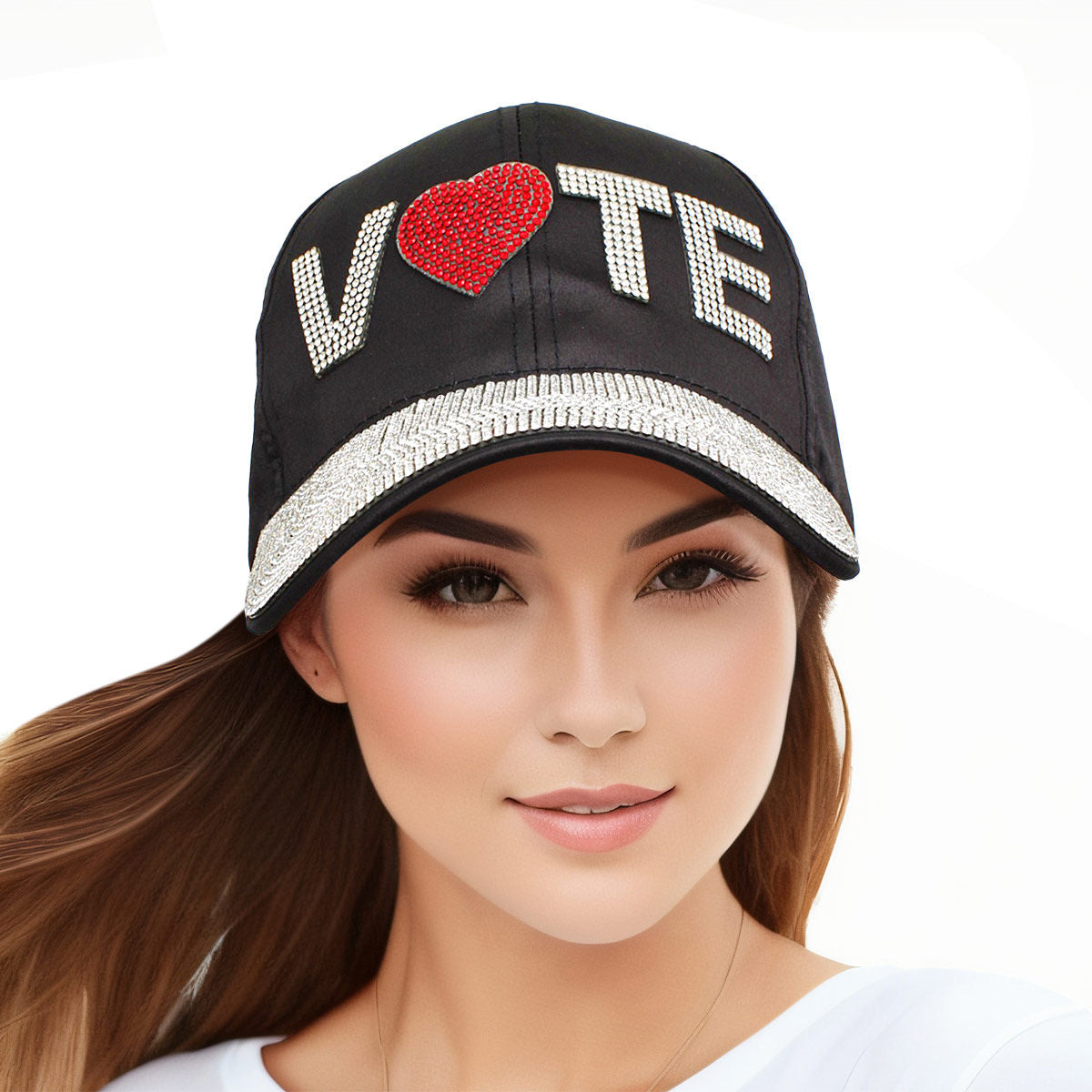 Hat Black Satin VOTE Rhinestone Baseball Cap Women