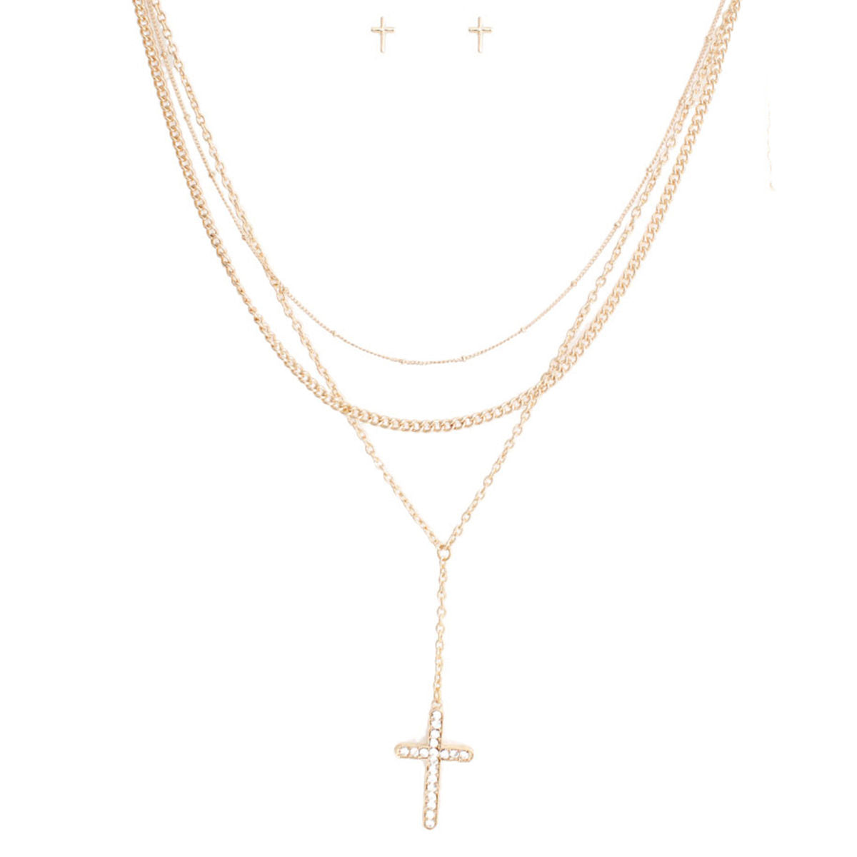 Gold Triple Chain Cross Set