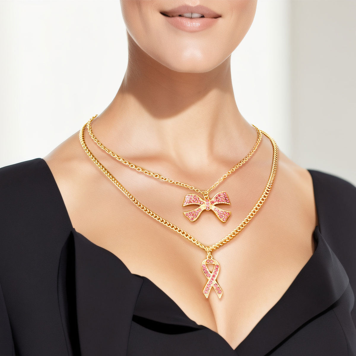 Pink Ribbon Double Layer Gold Necklace Set