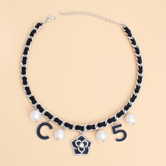 Silver Luxe Camellia Couture Black Charm Chain Necklace
